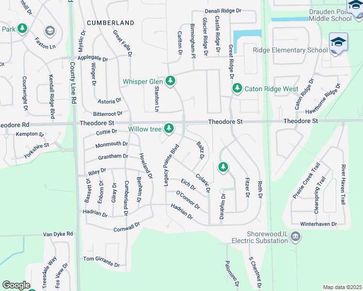 map of restaurants, bars, coffee shops, grocery stores, and more near 1508 Legacy Pointe Boulevard in Joliet