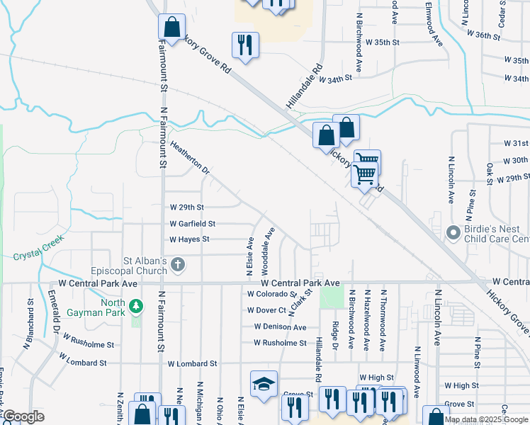 map of restaurants, bars, coffee shops, grocery stores, and more near 2814 North Elsie Avenue in Davenport