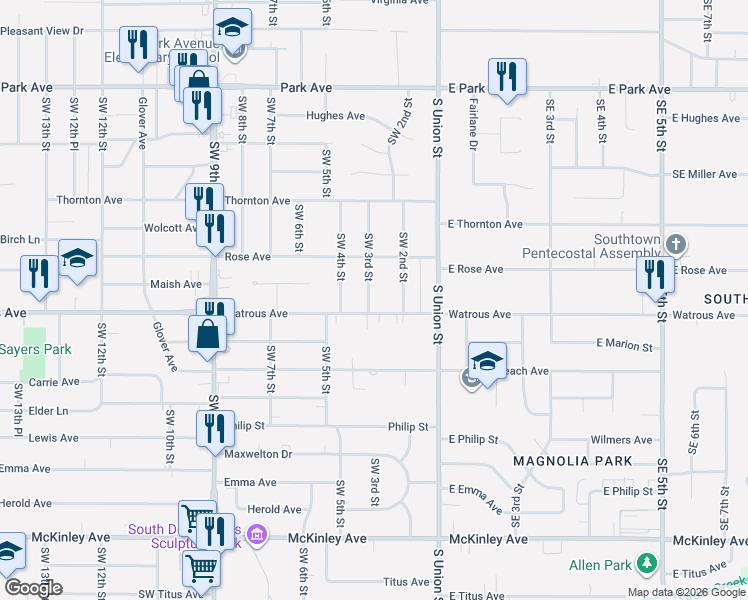 map of restaurants, bars, coffee shops, grocery stores, and more near 305 Watrous Avenue in Des Moines