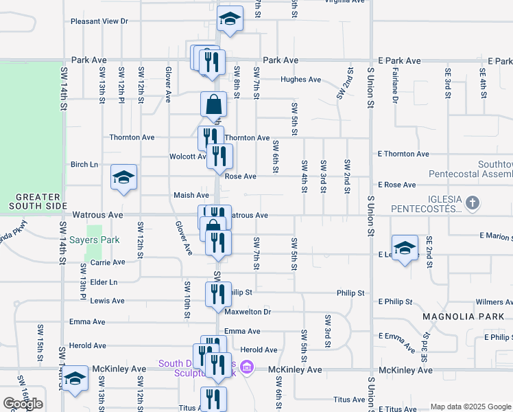 map of restaurants, bars, coffee shops, grocery stores, and more near 715 Watrous Avenue in Des Moines