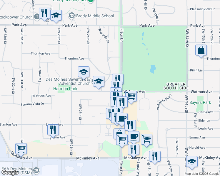 map of restaurants, bars, coffee shops, grocery stores, and more near 2131 Watrous Avenue in Des Moines