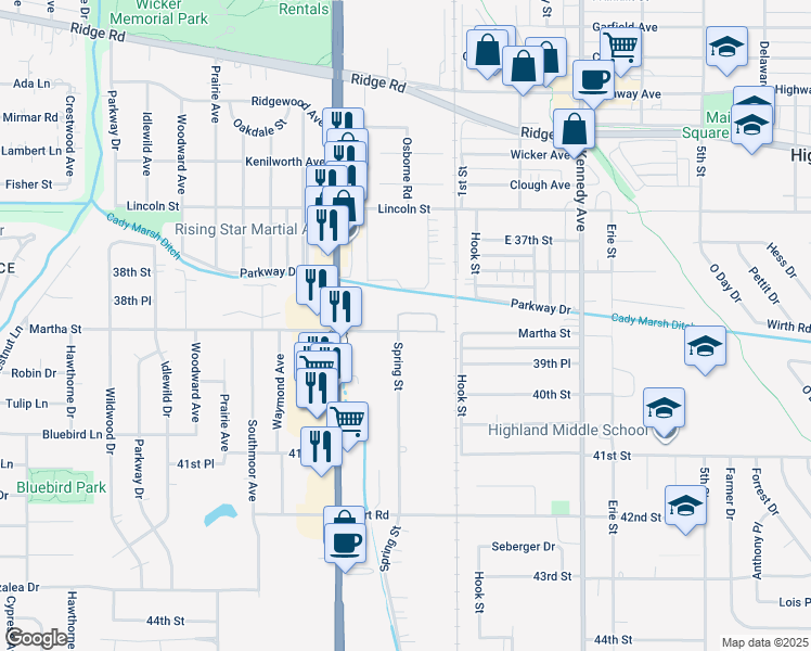 map of restaurants, bars, coffee shops, grocery stores, and more near 2511 Martha Street in Highland