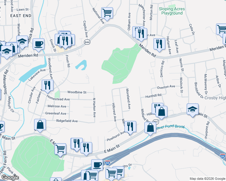 map of restaurants, bars, coffee shops, grocery stores, and more near 80 Rockaway Avenue in Waterbury
