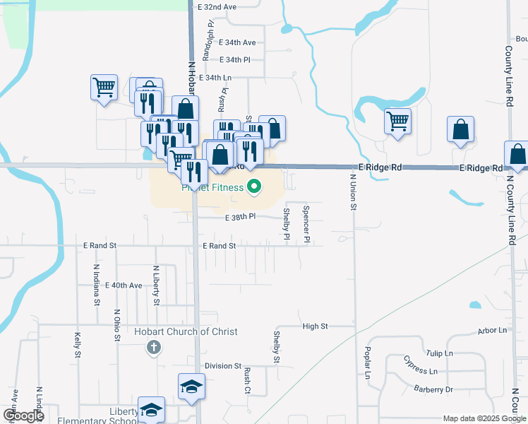 map of restaurants, bars, coffee shops, grocery stores, and more near 1904 East 38th Place in Hobart