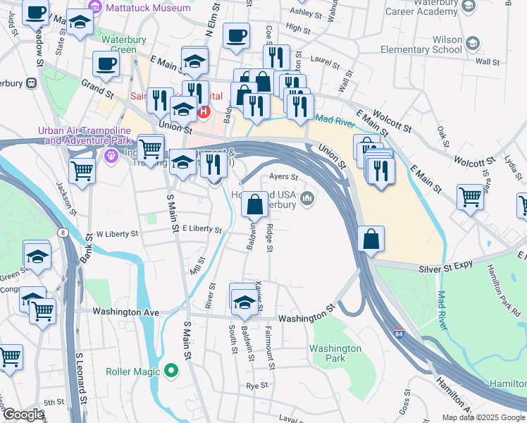 map of restaurants, bars, coffee shops, grocery stores, and more near 17 Martin Street in Waterbury