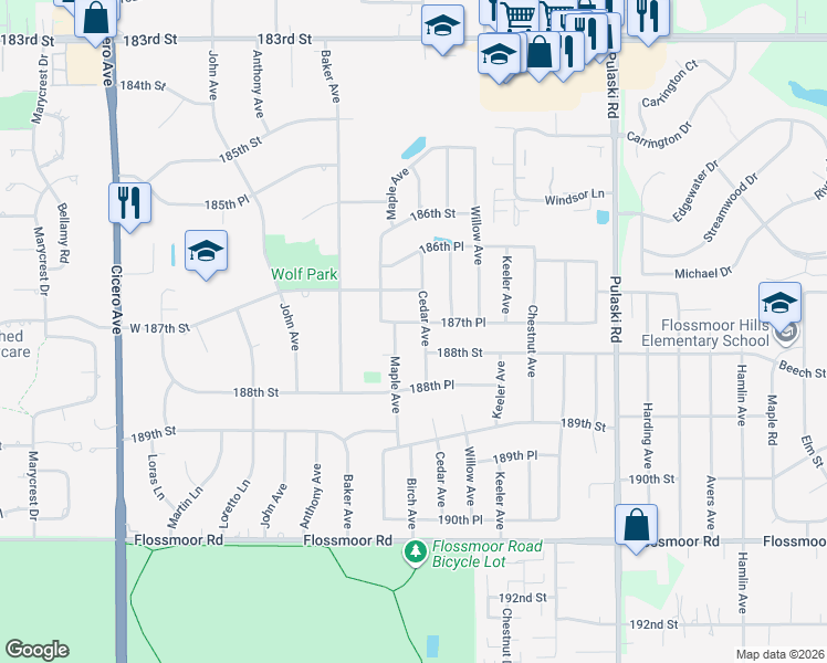 map of restaurants, bars, coffee shops, grocery stores, and more near 4321 187th Place in Country Club Hills