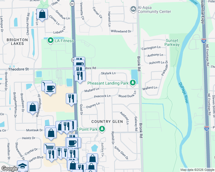 map of restaurants, bars, coffee shops, grocery stores, and more near 4605 Mallard Lane in Plainfield