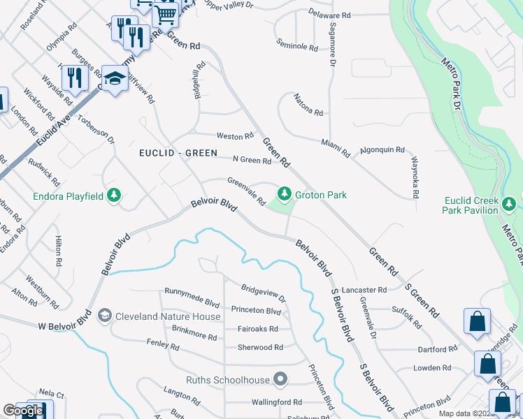 map of restaurants, bars, coffee shops, grocery stores, and more near 2414 Greenvale Road in Cleveland