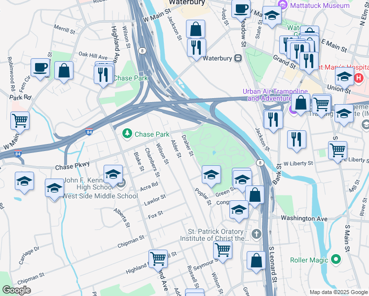 map of restaurants, bars, coffee shops, grocery stores, and more near 133 Draher Street in Waterbury