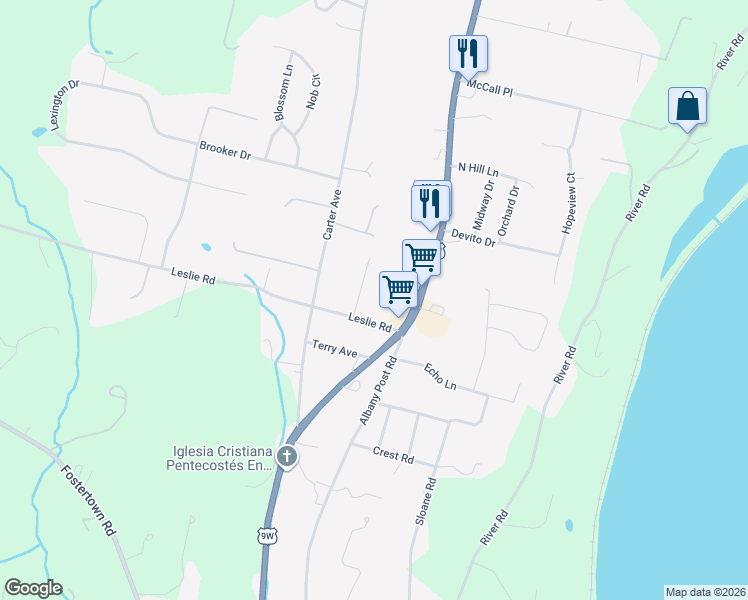 map of restaurants, bars, coffee shops, grocery stores, and more near 2 Warren Road in Newburgh