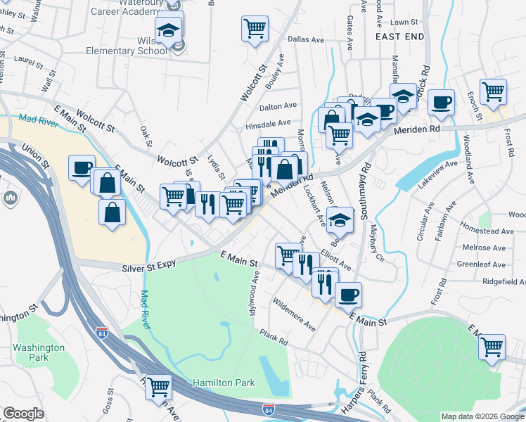 map of restaurants, bars, coffee shops, grocery stores, and more near 77 Meriden Road in Waterbury