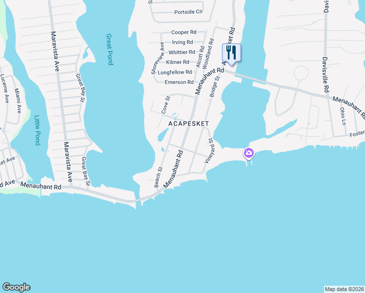 map of restaurants, bars, coffee shops, grocery stores, and more near 30 Bayview Avenue in Falmouth
