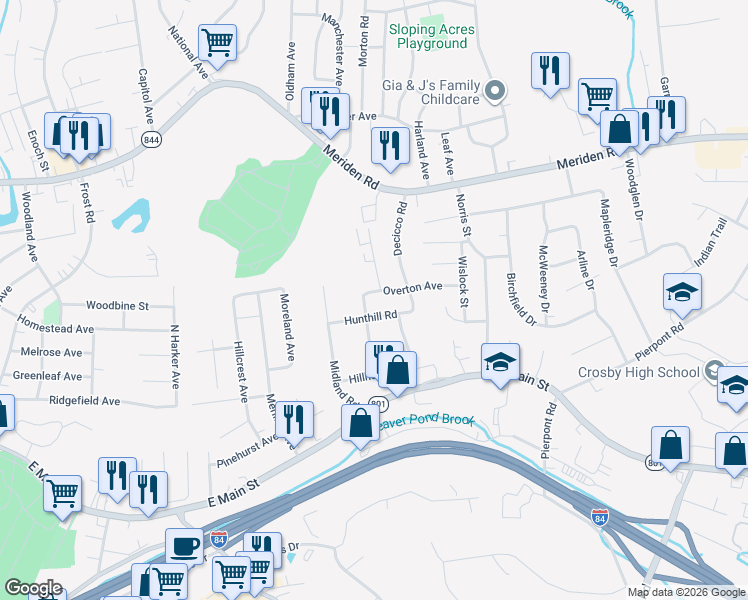 map of restaurants, bars, coffee shops, grocery stores, and more near 105 Overton Avenue in Waterbury
