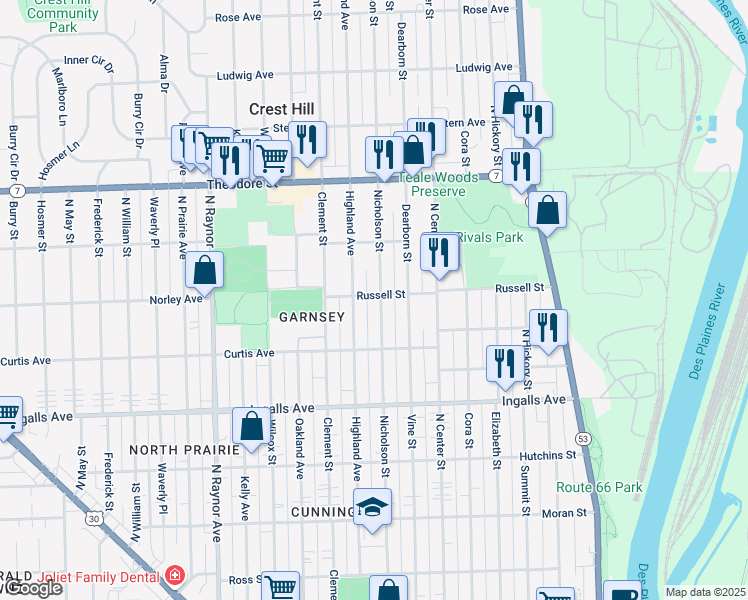 map of restaurants, bars, coffee shops, grocery stores, and more near 500 Russell Street in Joliet