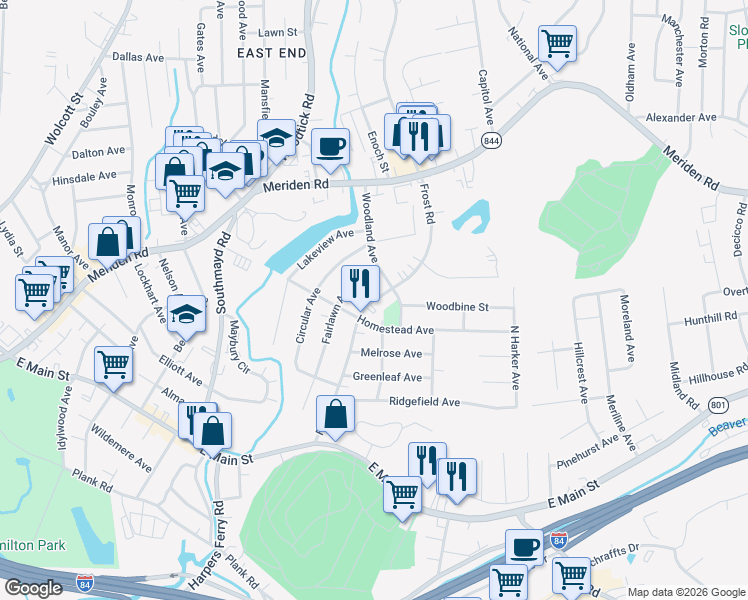 map of restaurants, bars, coffee shops, grocery stores, and more near 248 Frost Rd in Waterbury