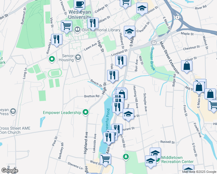 map of restaurants, bars, coffee shops, grocery stores, and more near 69 Warwick Street in Middletown