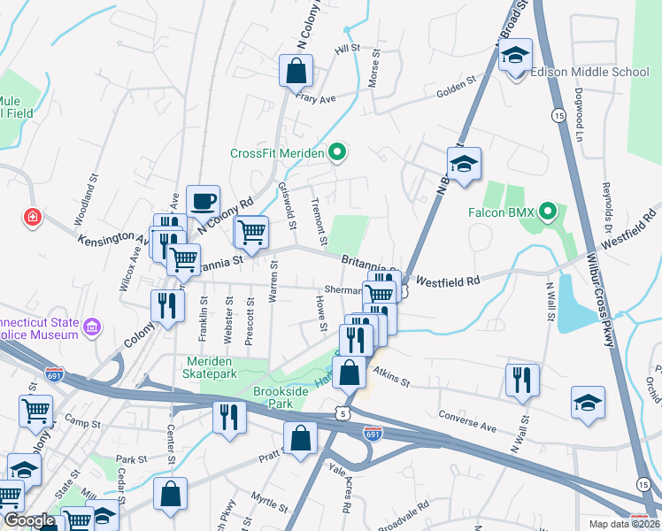 map of restaurants, bars, coffee shops, grocery stores, and more near 217 Britannia Street in Meriden