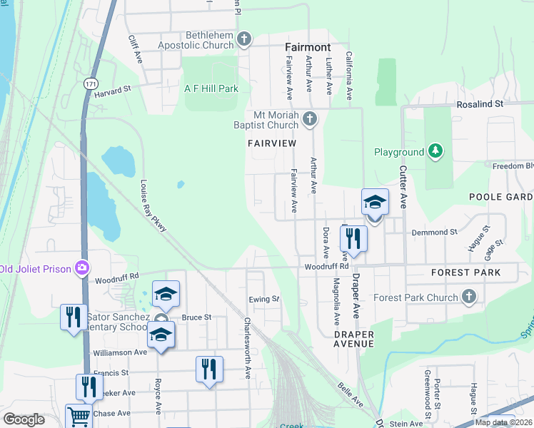 map of restaurants, bars, coffee shops, grocery stores, and more near 1301 Fairmount Avenue in Joliet