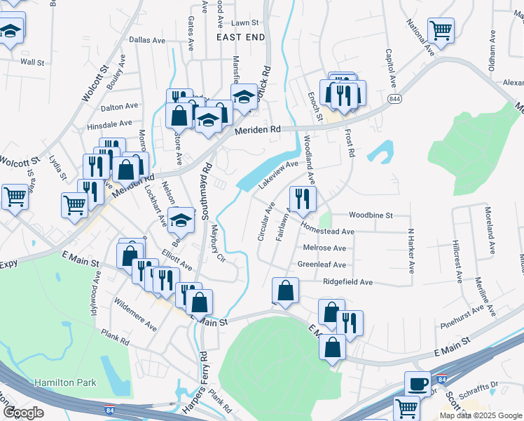 map of restaurants, bars, coffee shops, grocery stores, and more near 175 Circular Avenue in Waterbury