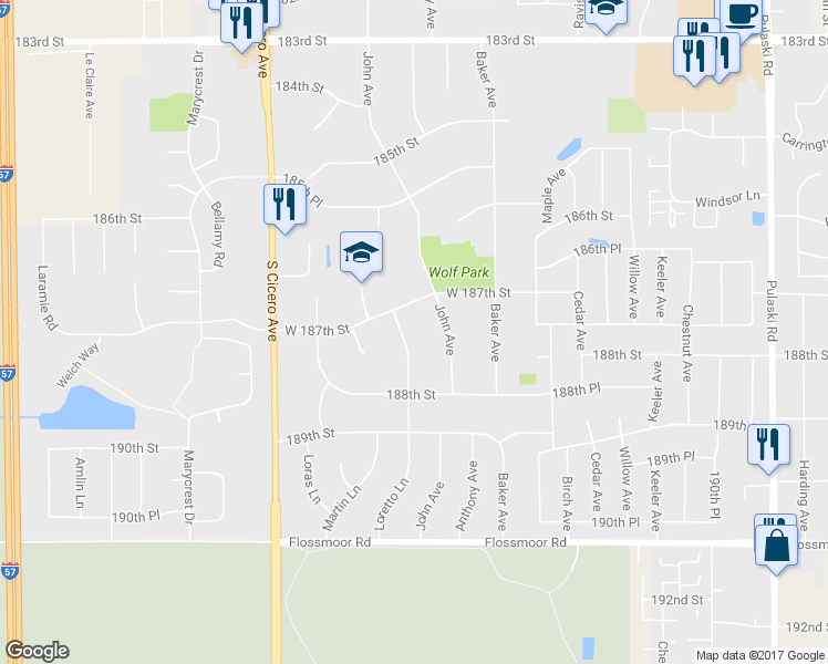 map of restaurants, bars, coffee shops, grocery stores, and more near 18721 Loretto Lane in Country Club Hills