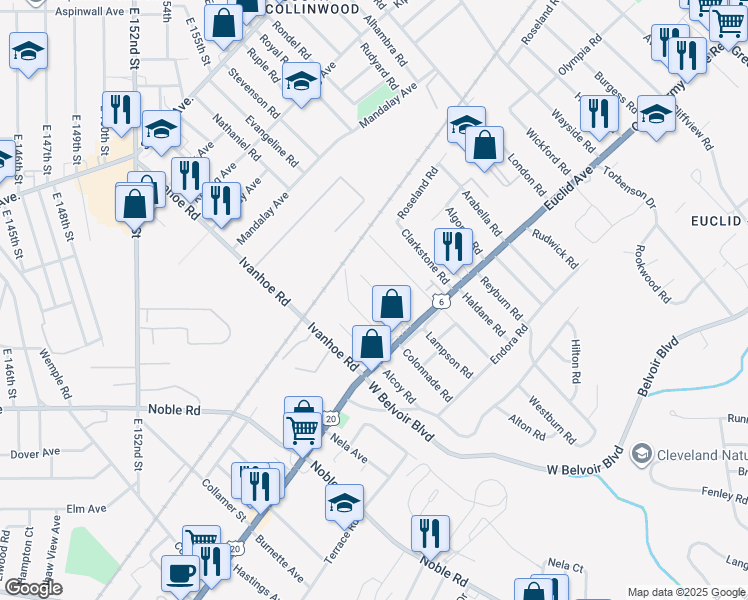 map of restaurants, bars, coffee shops, grocery stores, and more near 1748 Victoria Rd in Cleveland