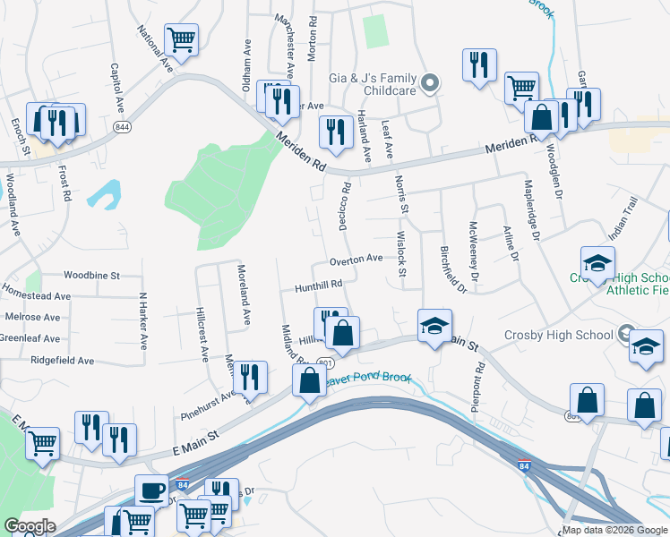 map of restaurants, bars, coffee shops, grocery stores, and more near 87 Overton Avenue in Waterbury