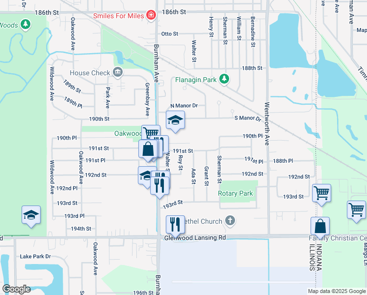 map of restaurants, bars, coffee shops, grocery stores, and more near 3308 191st Street in Lansing