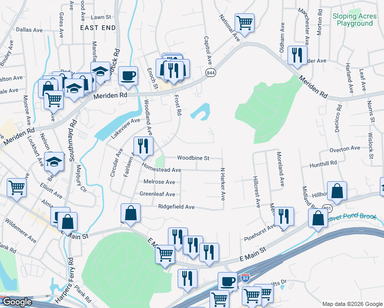 map of restaurants, bars, coffee shops, grocery stores, and more near 73 Woodbine Street in Waterbury