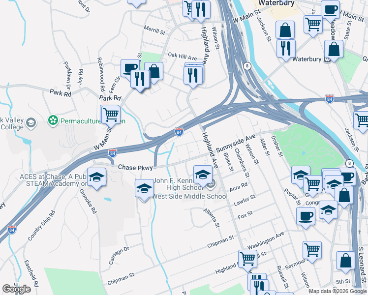 map of restaurants, bars, coffee shops, grocery stores, and more near 6 Fulton Street in Waterbury