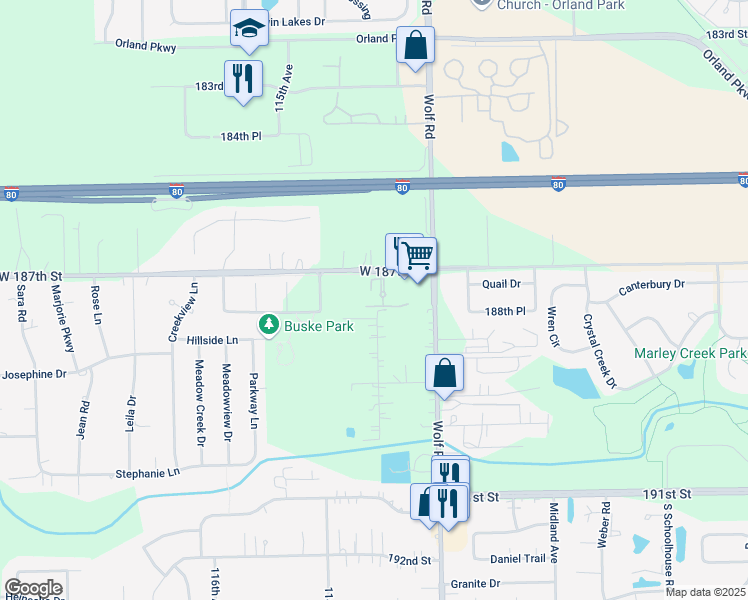 map of restaurants, bars, coffee shops, grocery stores, and more near 18722 South Mill Creek Drive in Mokena
