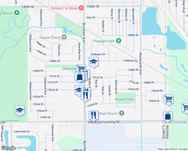 map of restaurants, bars, coffee shops, grocery stores, and more near 3308 191st Street in Lansing