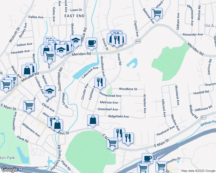 map of restaurants, bars, coffee shops, grocery stores, and more near 266 Frost Road in Waterbury