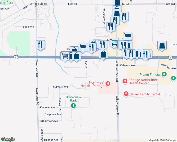 map of restaurants, bars, coffee shops, grocery stores, and more near 3559 Ash Street in Portage