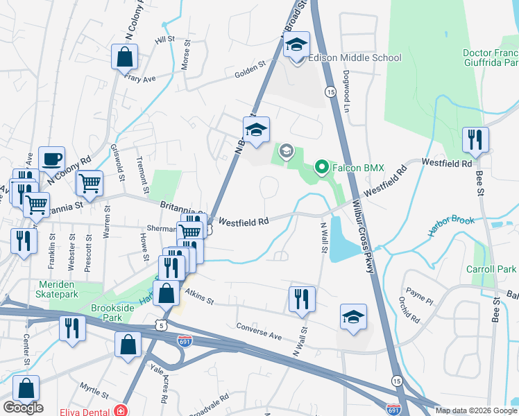 map of restaurants, bars, coffee shops, grocery stores, and more near 80 Westfield Road in Meriden