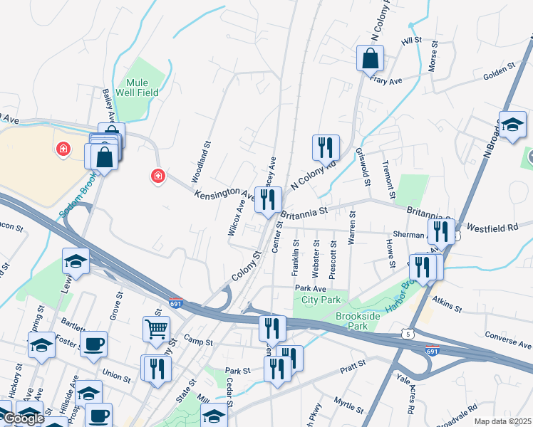 map of restaurants, bars, coffee shops, grocery stores, and more near 513 Center Street in Meriden