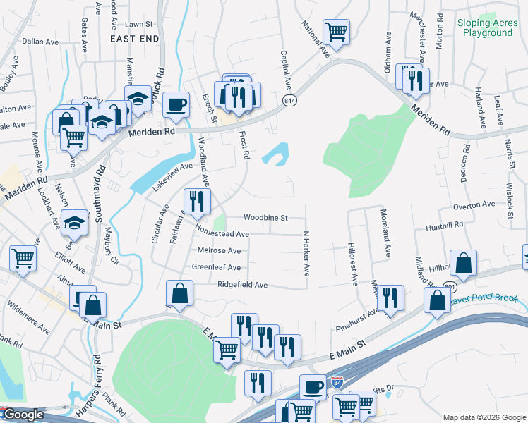 map of restaurants, bars, coffee shops, grocery stores, and more near 73 Woodbine Street in Waterbury