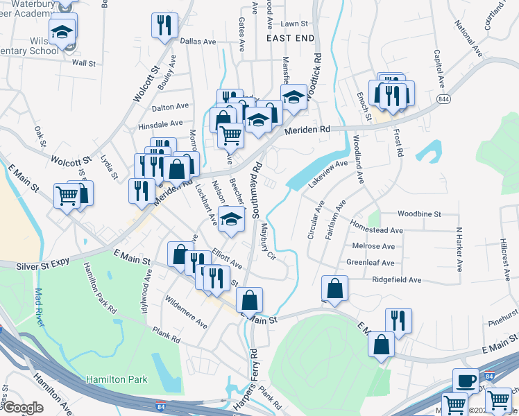 map of restaurants, bars, coffee shops, grocery stores, and more near 176 Southmayd Road in Waterbury