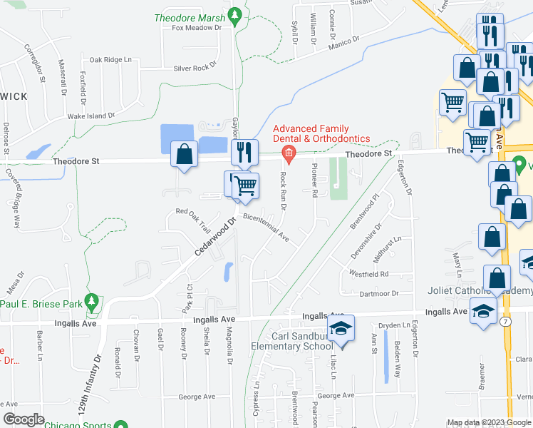 map of restaurants, bars, coffee shops, grocery stores, and more near 2330 Bicentennial Avenue in Crest Hill