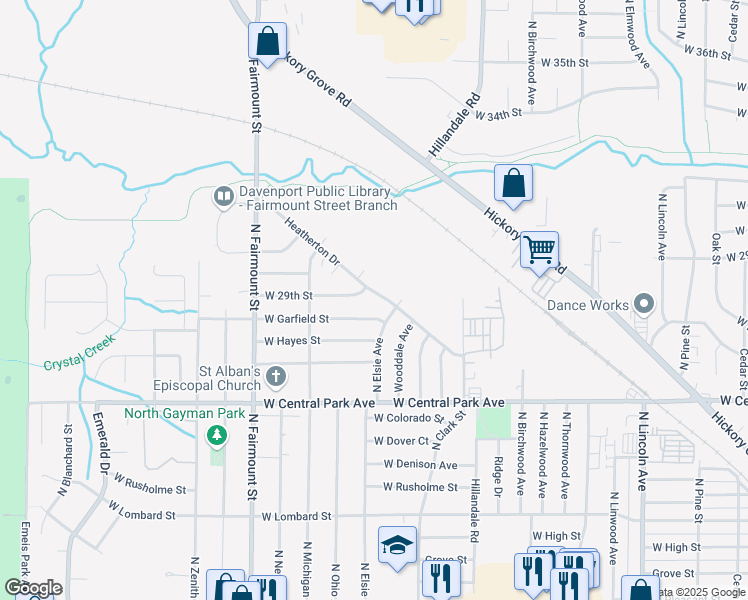 map of restaurants, bars, coffee shops, grocery stores, and more near 2814 North Elsie Avenue in Davenport