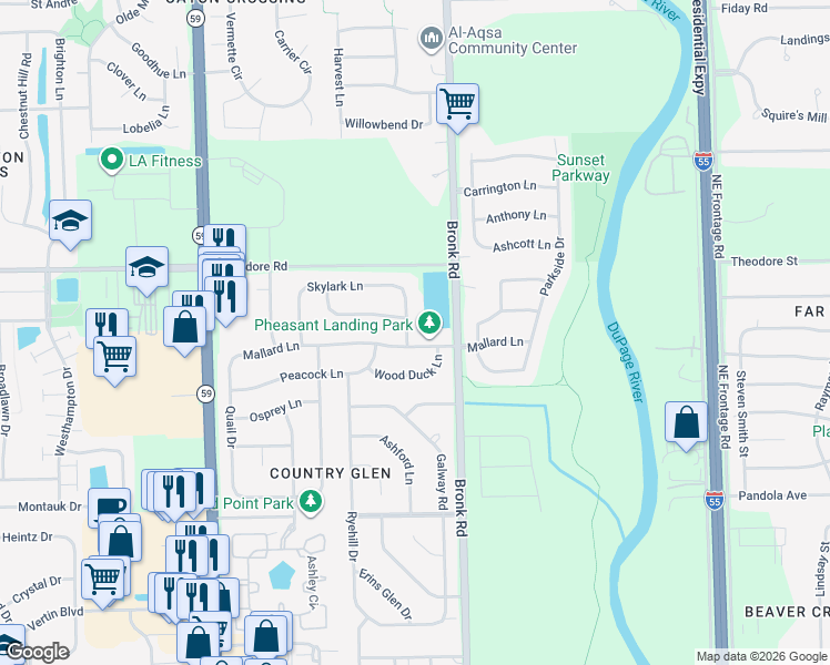 map of restaurants, bars, coffee shops, grocery stores, and more near 1409 Wood Duck Lane in Plainfield