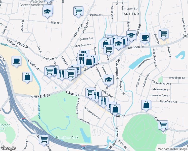 map of restaurants, bars, coffee shops, grocery stores, and more near 52 Hungerford Avenue in Waterbury