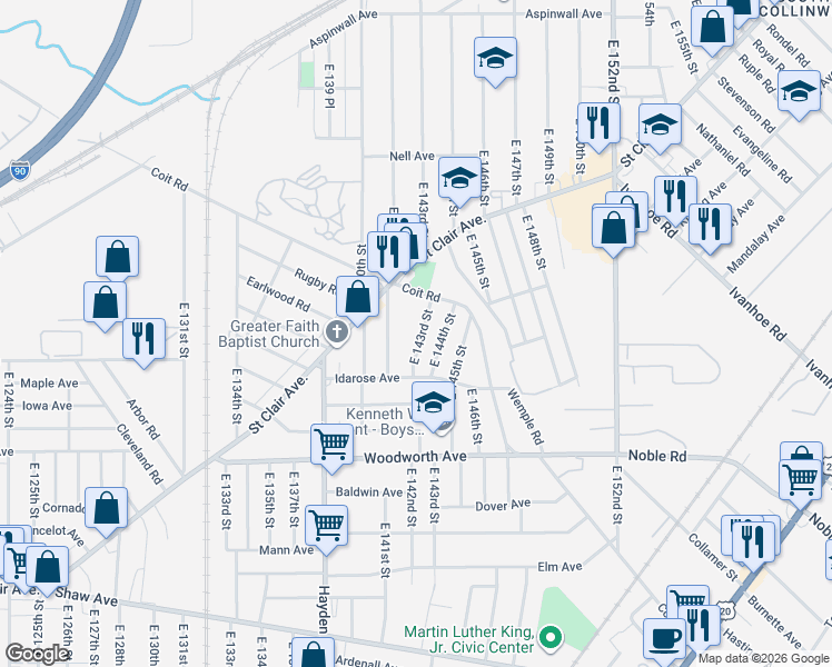 map of restaurants, bars, coffee shops, grocery stores, and more near 1116 East 143rd Street in Cleveland