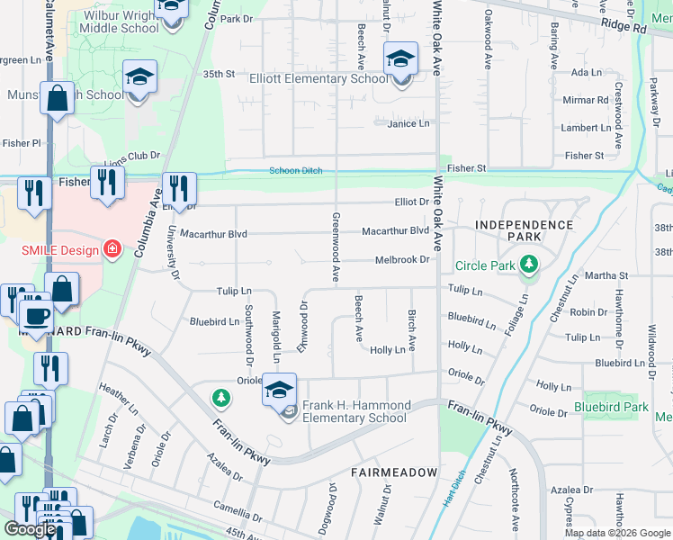 map of restaurants, bars, coffee shops, grocery stores, and more near 9050 Greenwood Ave in Munster