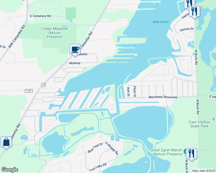 map of restaurants, bars, coffee shops, grocery stores, and more near 1745 North Windward Drive in Port Clinton