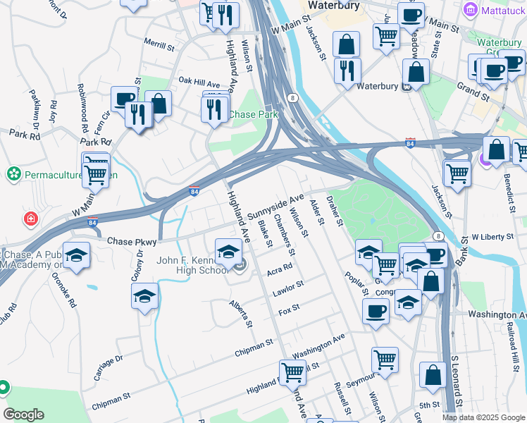 map of restaurants, bars, coffee shops, grocery stores, and more near 173 Sunnyside Avenue in Waterbury