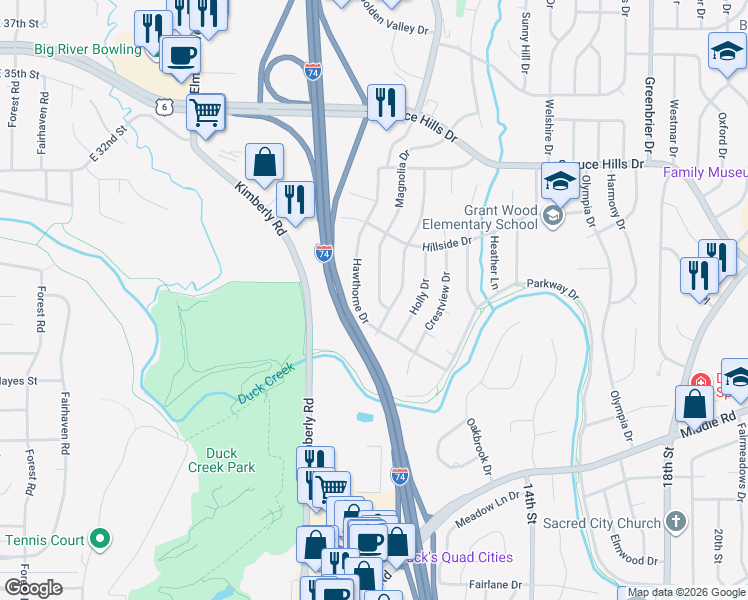map of restaurants, bars, coffee shops, grocery stores, and more near 2522 Magnolia Drive in Bettendorf