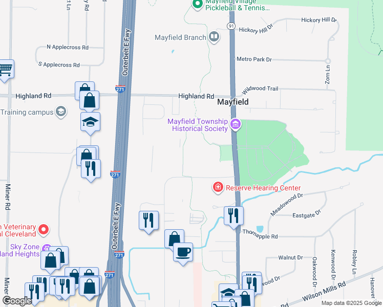 map of restaurants, bars, coffee shops, grocery stores, and more near 6671 Beta Drive in Mayfield