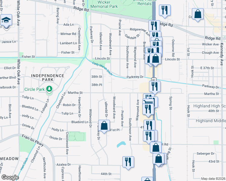 map of restaurants, bars, coffee shops, grocery stores, and more near 2127 Martha Street in Highland
