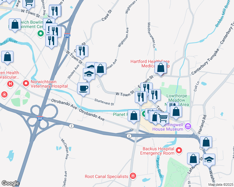 map of restaurants, bars, coffee shops, grocery stores, and more near 29 West Town Street in Norwich
