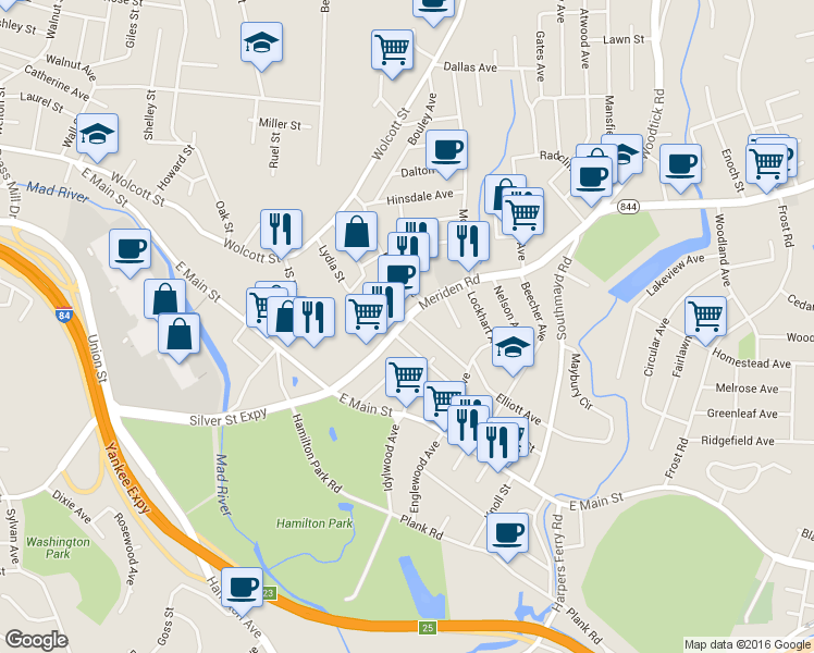 map of restaurants, bars, coffee shops, grocery stores, and more near 108 Meriden Rd in Waterbury